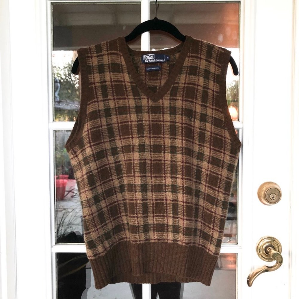 Brown plaid Polo by Ralph Lauren Wool Seater Vest